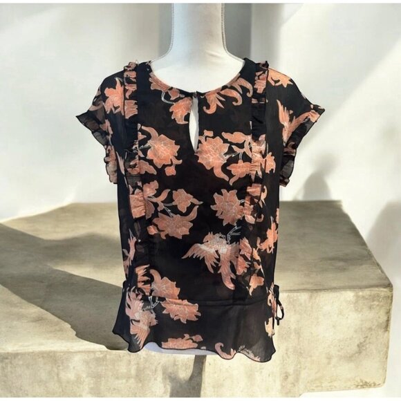 SCOTCH & SODA Black Pink Bird Floral Sheer Top Size XS - Picture 1 of 8